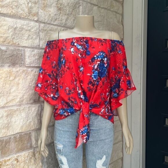 Women's Boho Floral Print Flare Sleeve Off the Shoulder Tie Knot Blouse Small - Picture 8 of 12